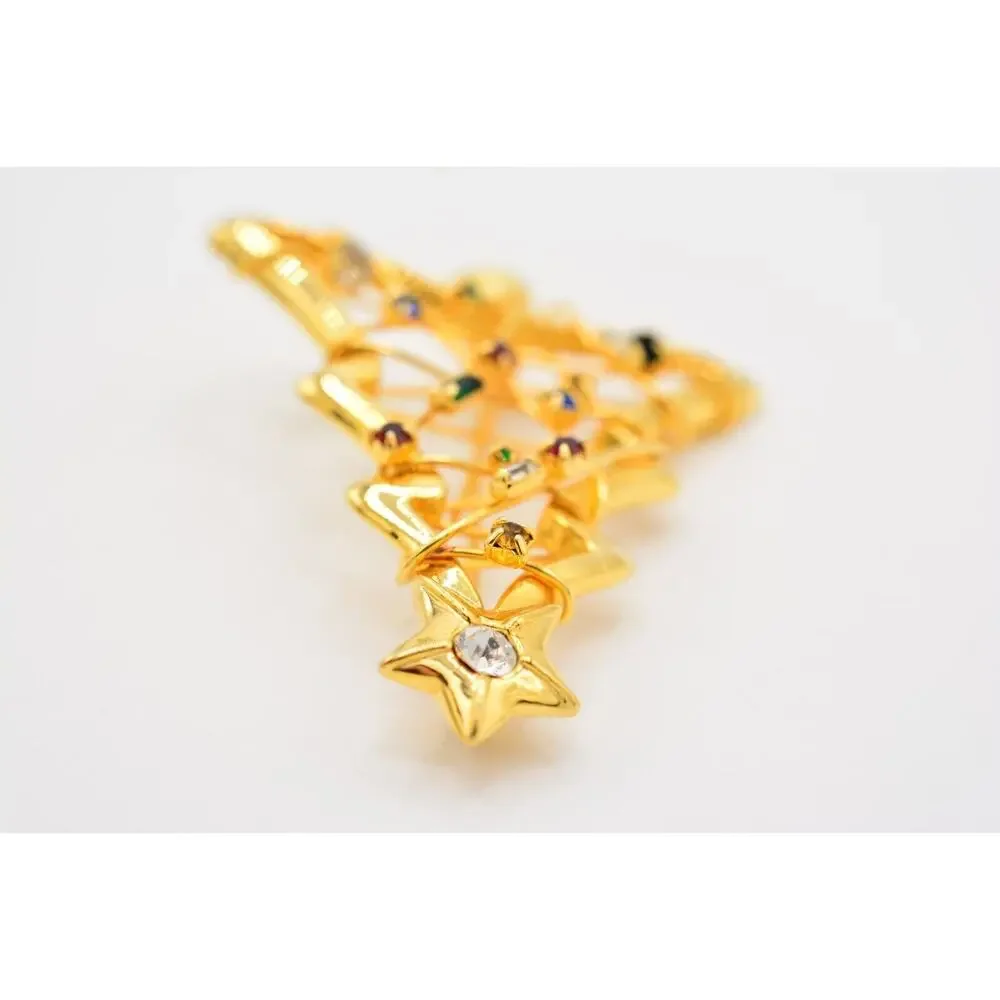 Vintage Christmas Tree Pin Brooch Rhinestone Crystal Wired Gold Holiday BinAP